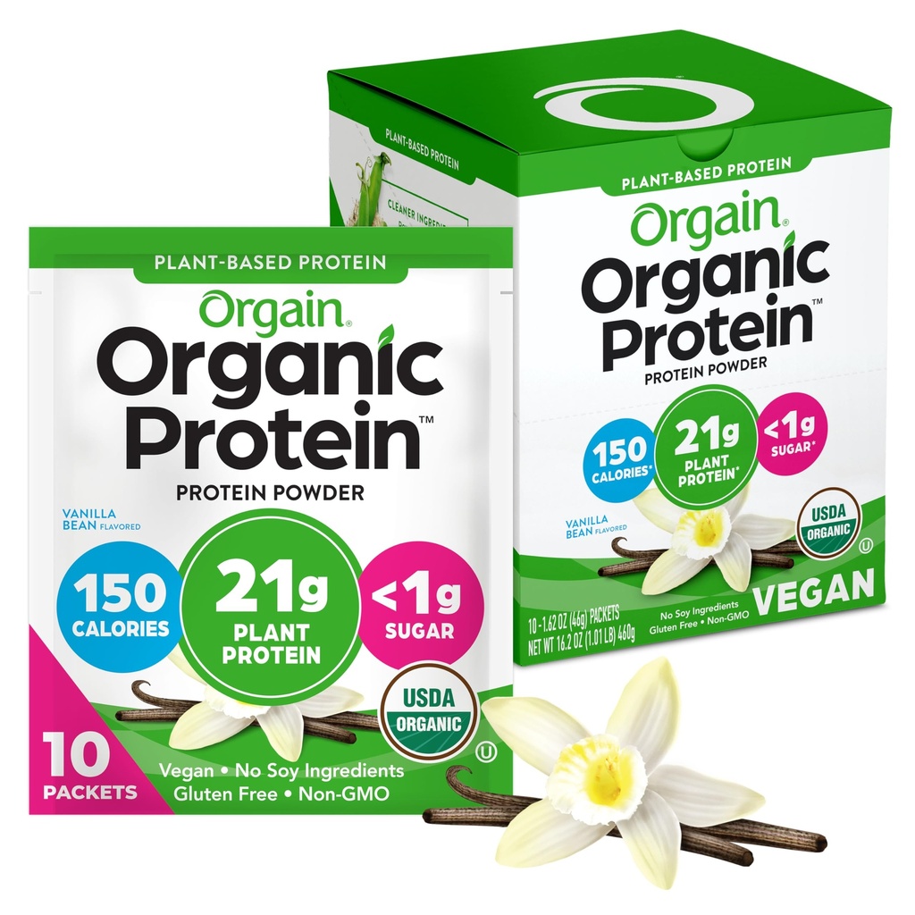 Orgain Organic Vegan Protein Powder, Vanilla Bean - 21g Plant Protein, 5g Prebiotic Fiber, Lav Carb, Ingen laktoseingredienser, Ingen tilsat sukker, Non- GMO, For Shakes & Smoothies, 10 Rejsepakker