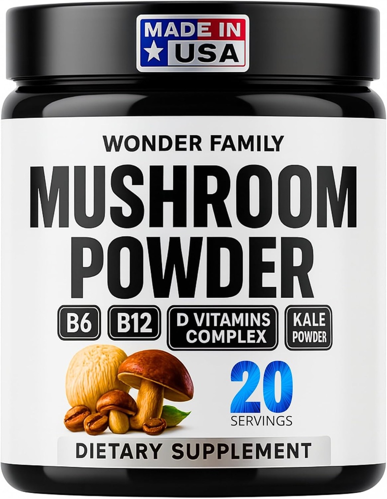 Instant Mushroom Powder 10: 1 - Cordyceps Mushroom Supplement med Reishi, Chaga & Shiitake - Kaffefri Nighttime Drikke med B6, B12, D + Probiotika Mushroom Cacao Organic Blend (Ingen sødemiddel)