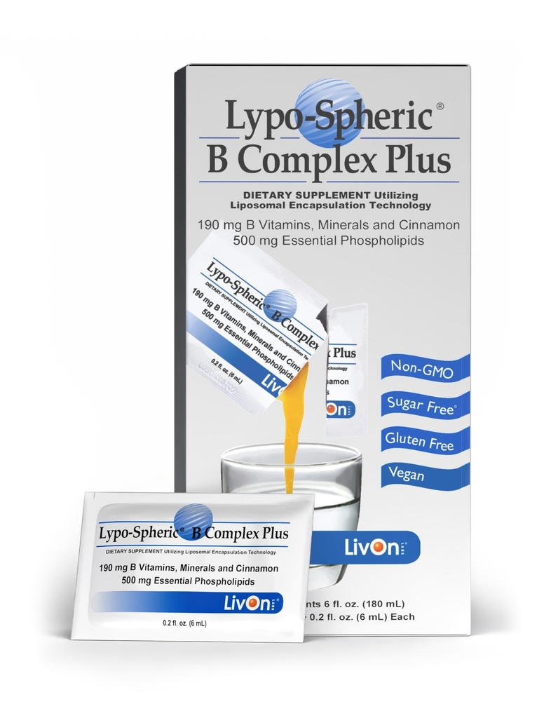 LivOn Laboratories Lypo–Spheric B Complex Plus – 30 Packets – 195 mg B Vitamins, Minerals & Cinnamon Per Packet – Liposome Encapsulated for Improved Absorption – 100% Non–GMO