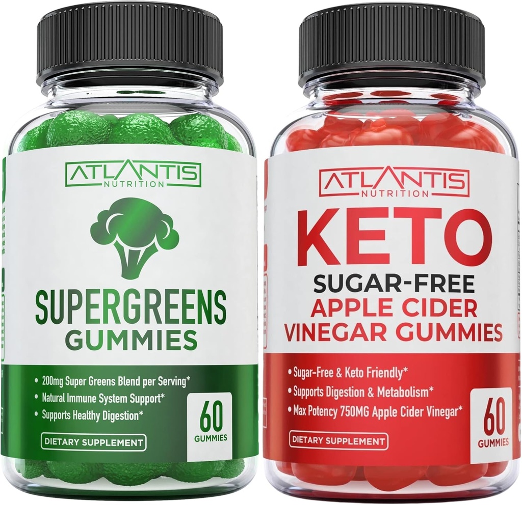Atlantis Nutrition Supergreens 60 Gummies + Sugar Free Keto Apple Cider Vincipes 60 Gummies