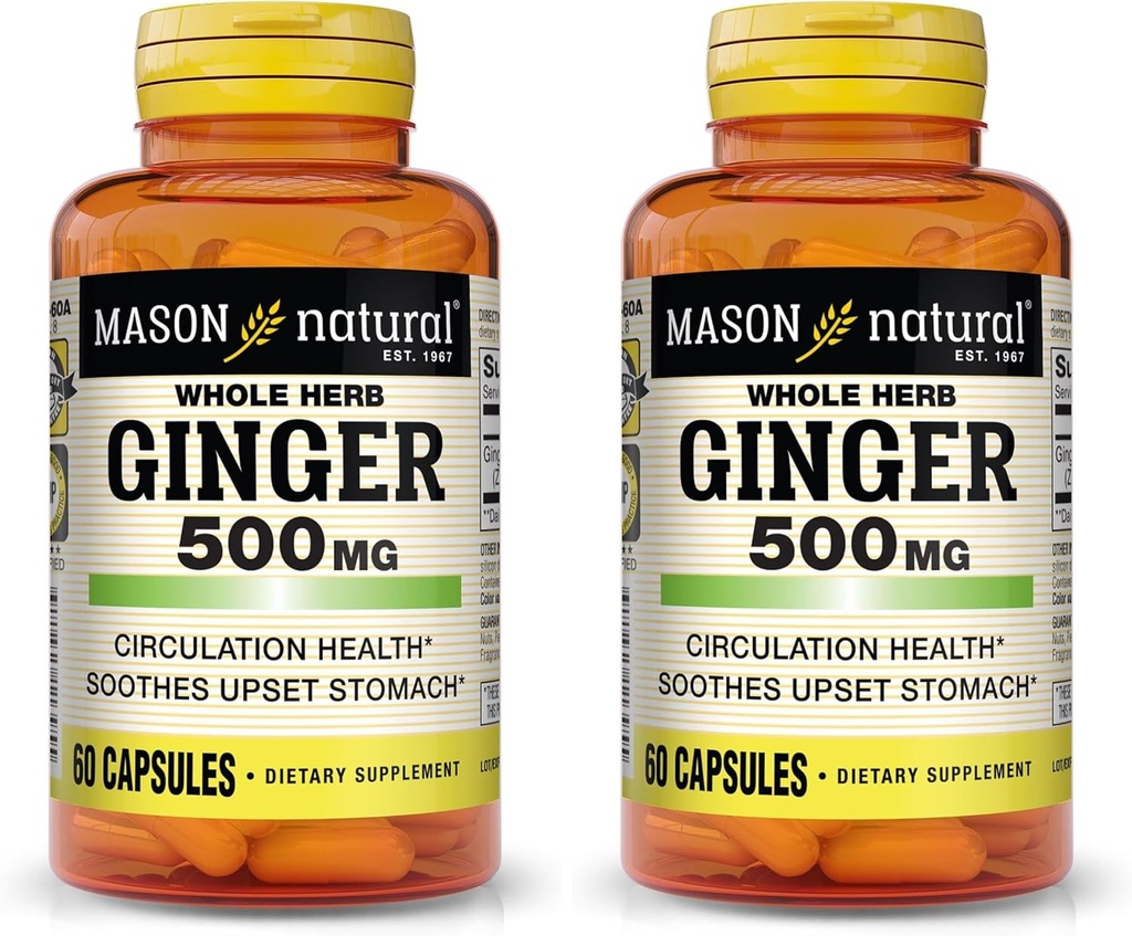 MASON NATURAL Whole Herb Ingefær 500 mg, Natural Herbal Supplement, 60 kapsler (pakning med 2)