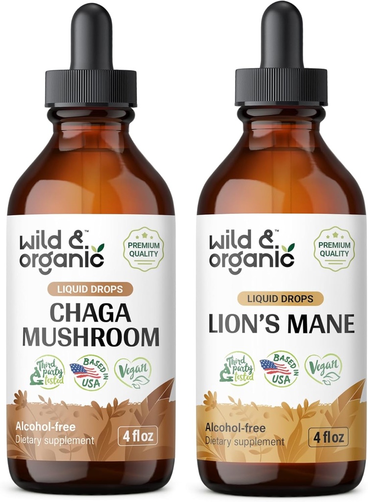 Wild & Organic Chaga Mushroom Tinktur 4 fl oz & Lions Mane Mushroom Tinktur 4 fl oz