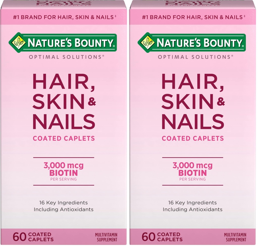 Nature's Bounty Optimal Solutions Hair, Skin & Nails Formula, with 3,000 mcg Biotin, 60 Coated Caplets, 20 Servings, (Pack of 2)
