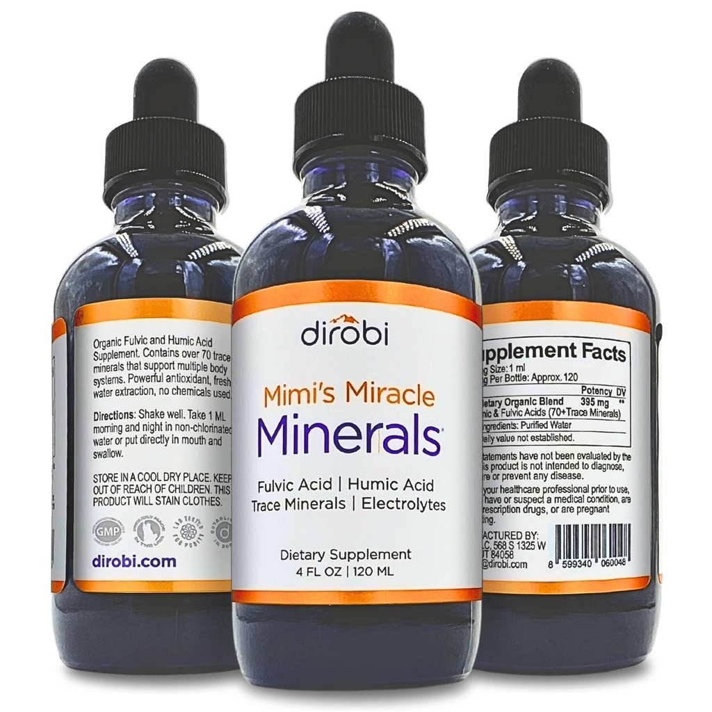 Dirobi Mimi 's Miracle Minerals Fulvic Acid Humic Acid - Mineral Blend Drops Supplement, Flydende Trace Minerals 70 Ionic Minerals - Organic Plant Derived (4 oz 120 Day Supply)...