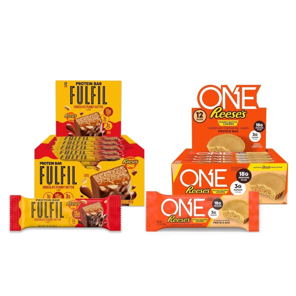 One & Fulfil Reese's Lover Bundle, One Reese's Peanut Butter Protein Bar, 18g Protein (12 Count) + FULFIL Chocolate Peanut Butter Protein Bar, 15g Protein (12 count)