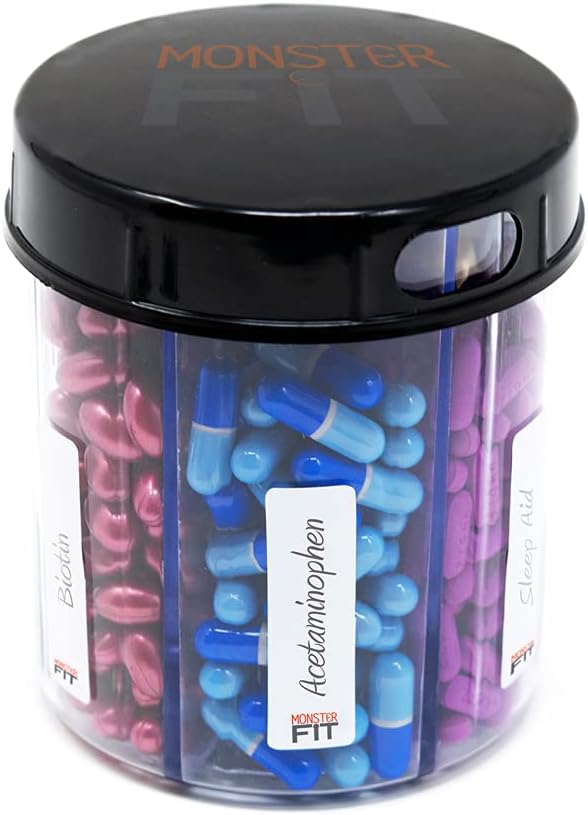 Monster Jr Supplement Pille Dispenser - Holds Small Medium Medication Vitamin og Nemt Dispense fra One Container Inkluderer Segment Labels (1 pakke)