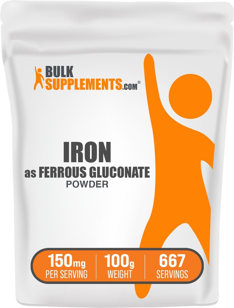BulkSupplements.com Ferrous Gluconate Powder - Essential Mineral for Energy, Iron 18mg - Iron Supplements, Gluten Free, 150mg per Serving, 100g (3.5 oz) (Pack of 1)