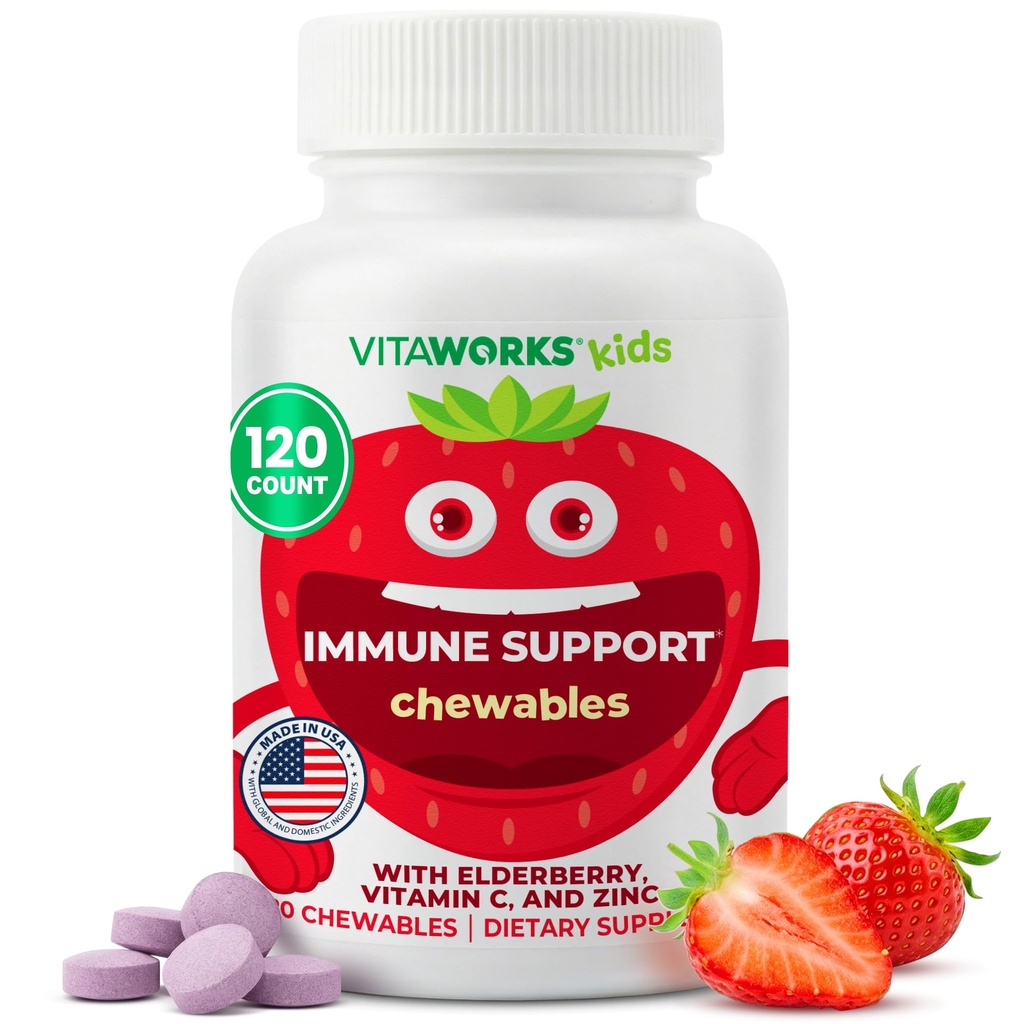 Kids Elderberry Med Zink og C-vitamin - Immun Support Chewable Tablets - Tasty Natural Mixed Berry Flavor - Vegansk, Vegetarisk, Gluten Free, Non- GMO, for børn, 120 Chewables