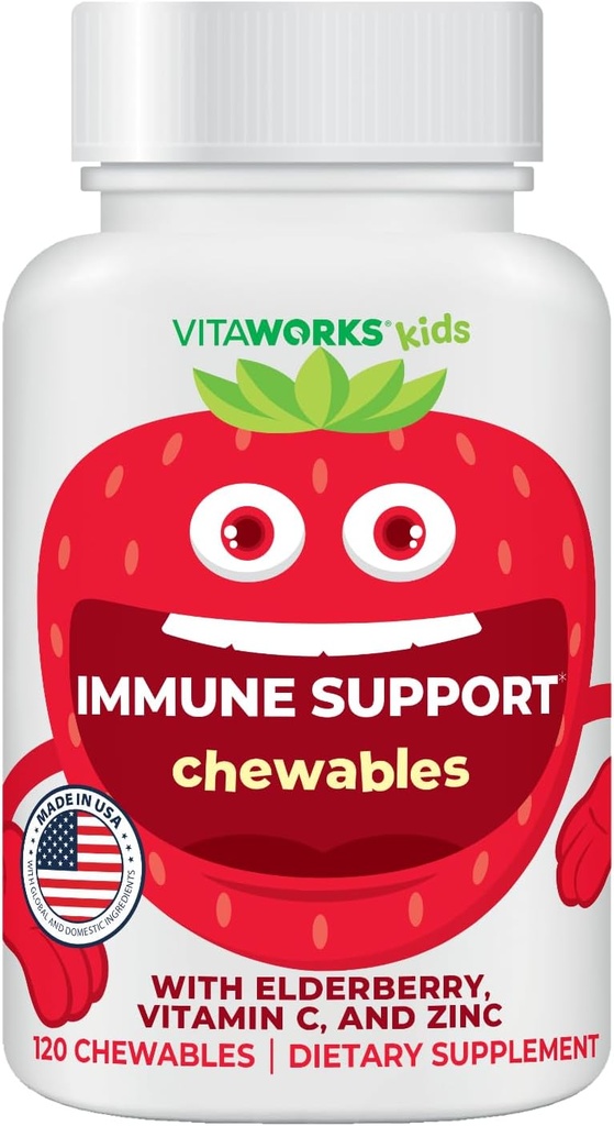 Kids Elderberry Med Zink og C-vitamin - Immun Support Chewable Tablets - Tasty Natural Mixed Berry Flavor - Vegansk, Vegetarisk, Gluten Free, Non- GMO, for børn, 120 Chewables