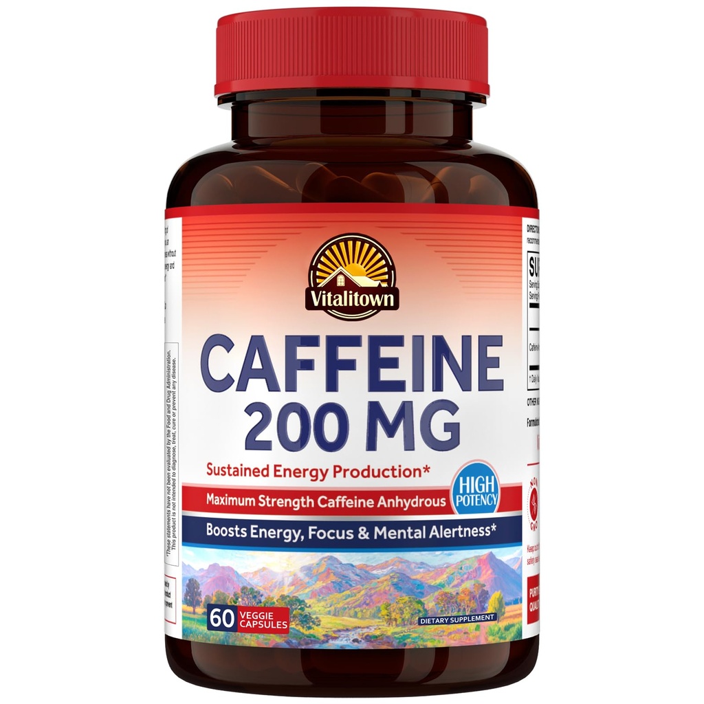 Vitalitown Caffeine Pills 200 mg, Sustained Energy Production Supplement, No Crash or Jitters, Alertness & Clarity Without Drowsiness, Caffeine Anhydrous Boost for Men & Women, Once Daily, 60 Capsules