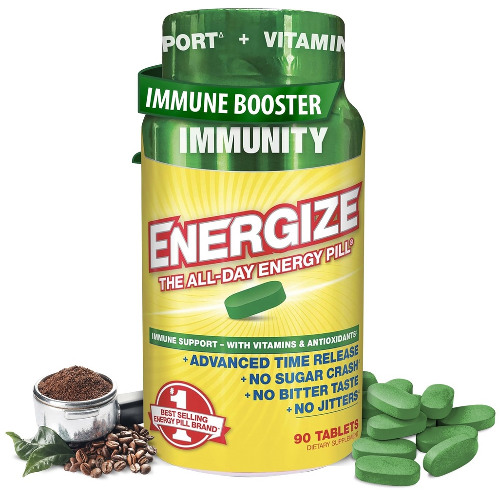 iSatori Energize Immunity Caffeine Pills - Keto Friendly Vitamin A, B12, C, D, & E Supplement + Fast Acting Energy Pill - Daily Immune Support, Super Greens, All Day Energy, No Jitters - 90 Tablets