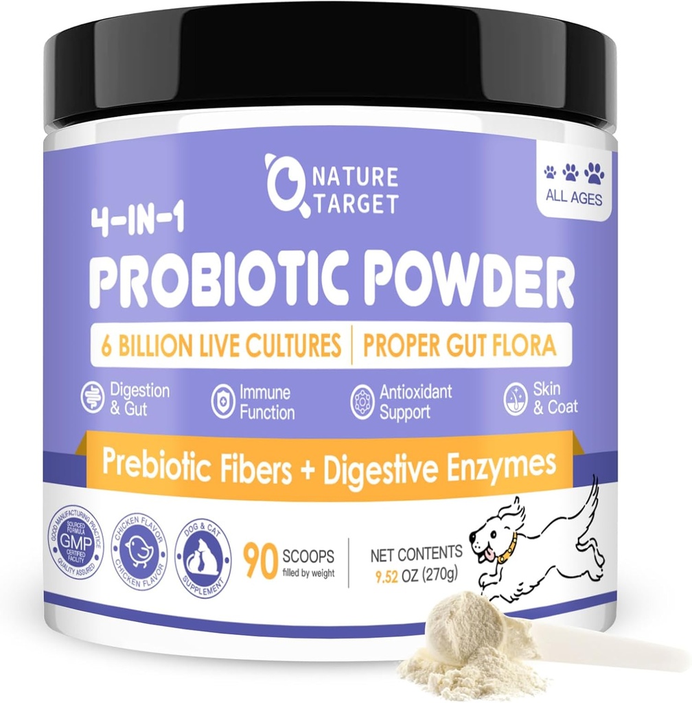 NATUR TARGET Probiotika til hunde - Hundeprobiotika, Plus Prebiotic, fordøjelsesenzymer, Fiber, Support Gut, immunsundhed, 6 Millioner CFU Hundeprobiotisk pulver, Relieve Diarré, Loose Afføring, 90 Scoops
