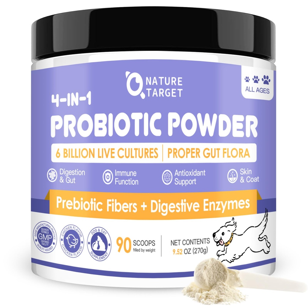 NATUR TARGET Probiotika til hunde - Hundeprobiotika, Plus Prebiotic, fordøjelsesenzymer, Fiber, Support Gut, immunsundhed, 6 Millioner CFU Hundeprobiotisk pulver, Relieve Diarré, Loose Afføring, 90 Scoops