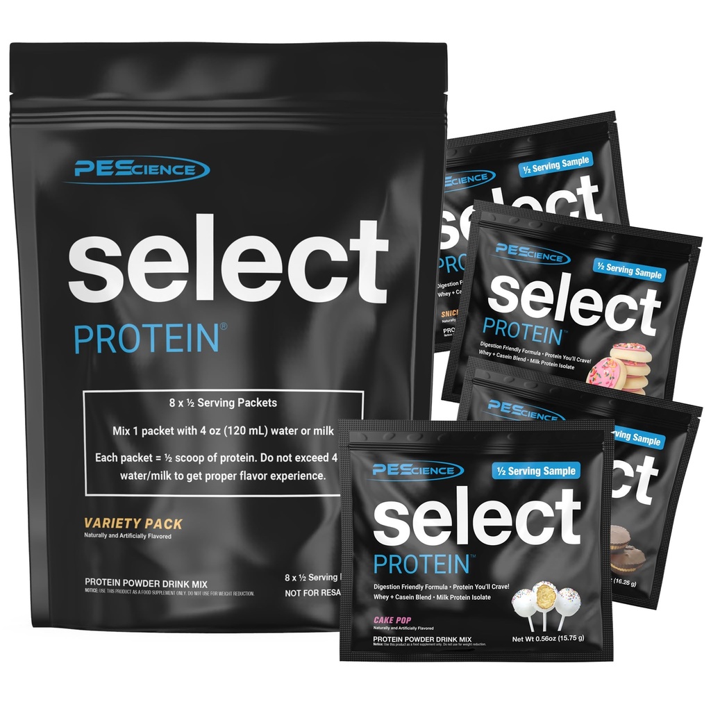 PEScience Select Protein Powder Packets, Try 8 Flavors, Sampler Variety Pack of 8 Half-Serving Samples, Protein Powder Sample Packs, Whey Casein Blend, Gluten Free, Low Carb