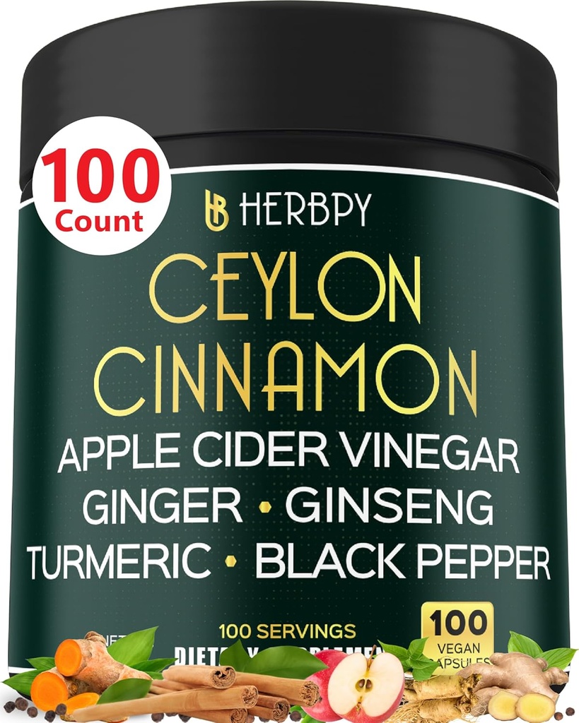 6in1 Premium Ceylon kanel supplement Plus Apple Cider Vinagra, gurkemeje, Ingefær, Ginseng - Vægt håndtering, fordøjelse - 100 Veganske kapsler