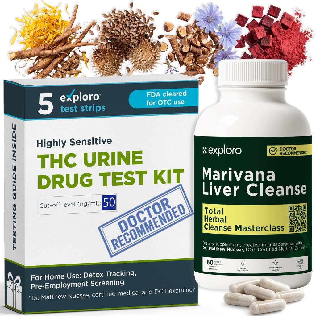 Exploro At-Home THC Detox Bundle, 3 Marijuana Urine Test Strips + 60 Liver Cleanser Capsules, 50 ng/ml Cutoff