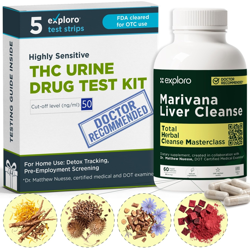 Exploro THC Detox Kit, Marijuana Test & Liver Cleanse Bundle, 5 Urine Strips + 60 Herbal Blend Capsules, Doctor-Formulated