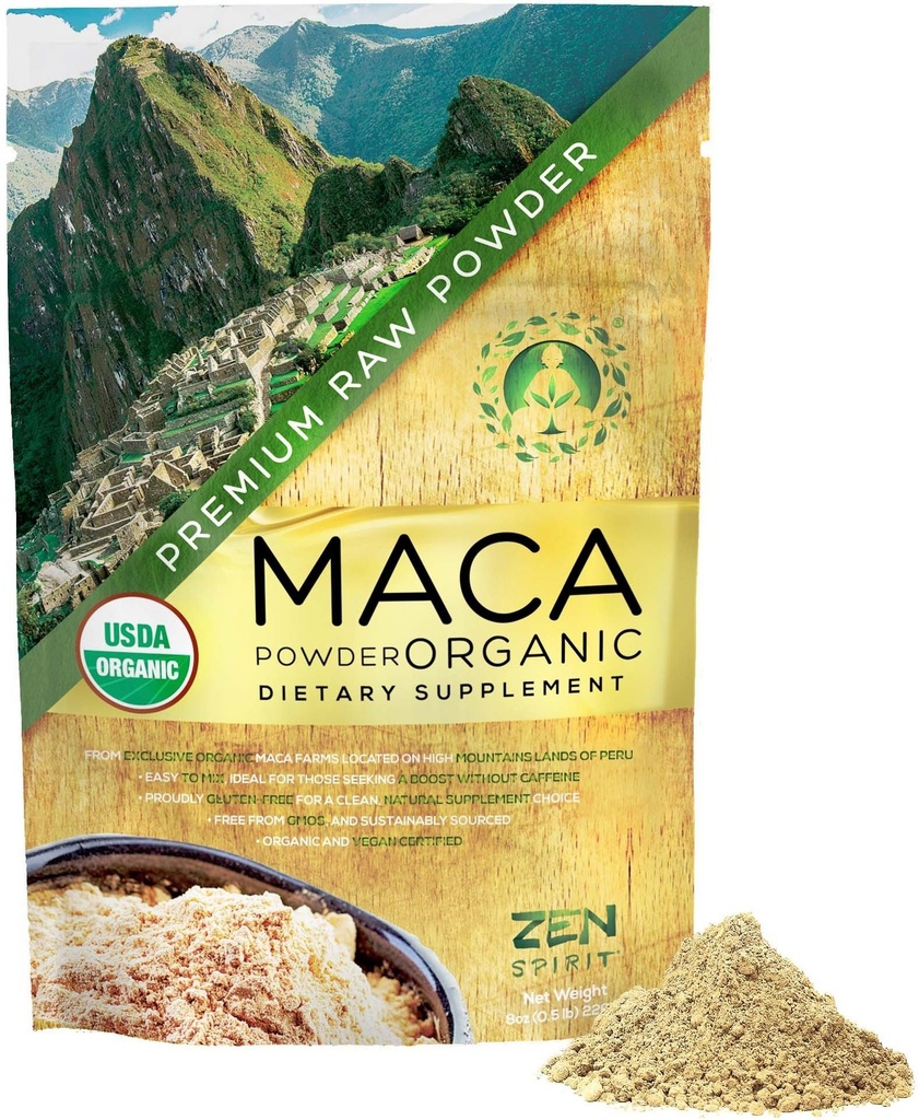 Zen Spirit Maca Root Powder Organic - Peruvian Root Premium Grade Superfood (Raw) - USDA & Vegan Certified - 1 Bag (8oz) - Perfekt til morgenmad, Smoothies, Bagning & Ice Cream.