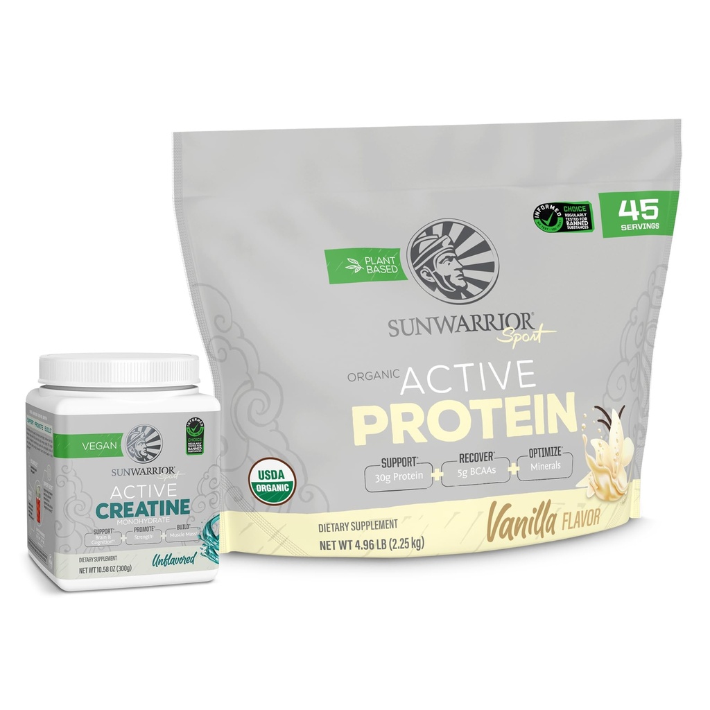 Sunwarrior Active Organic Protein Powder Plant- Based Vanilla Smag 45 Servering & Creatin Monohydrat Powder 60 Servering