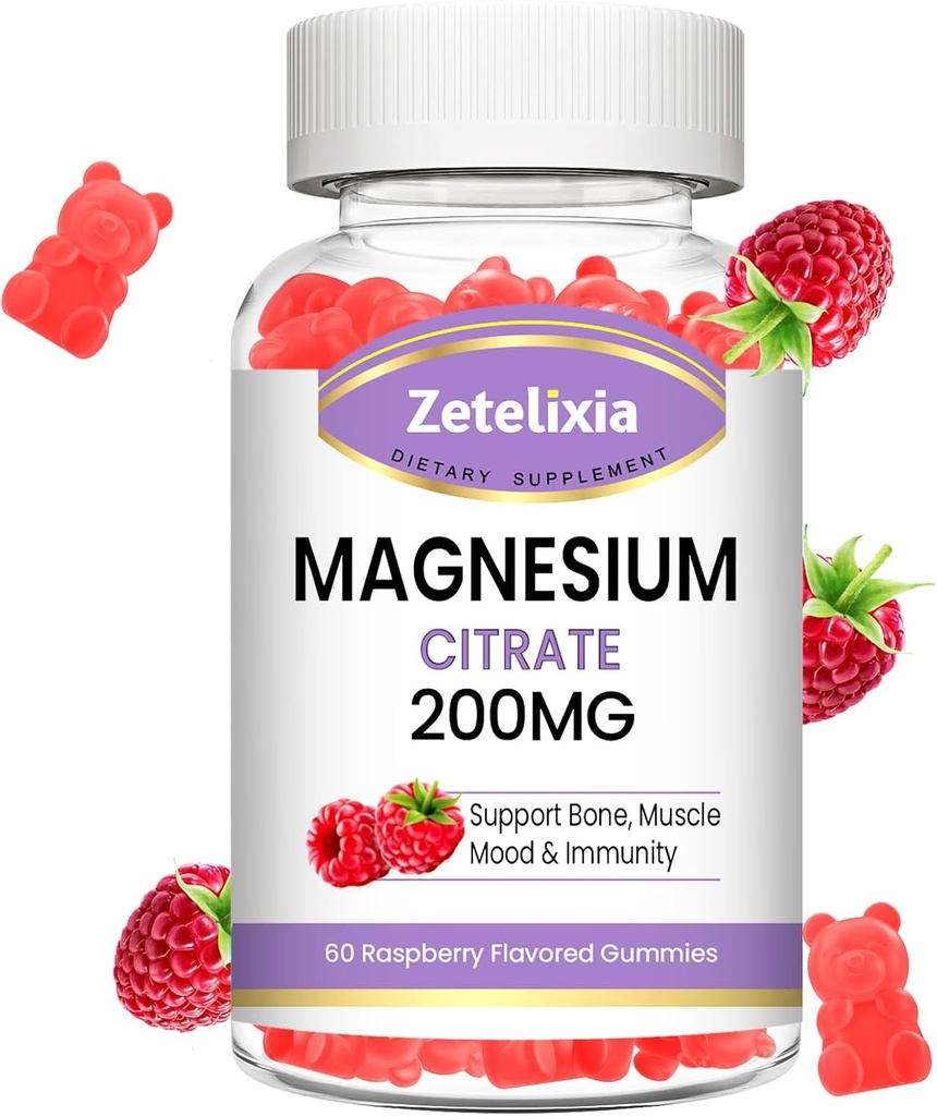 Magnesium Citrate Gummies, Høj Absorption Magnesium Gummies for voksne, Muskel & Tænder Support, 60 Vegansk Naturlige Hindbær Gummies