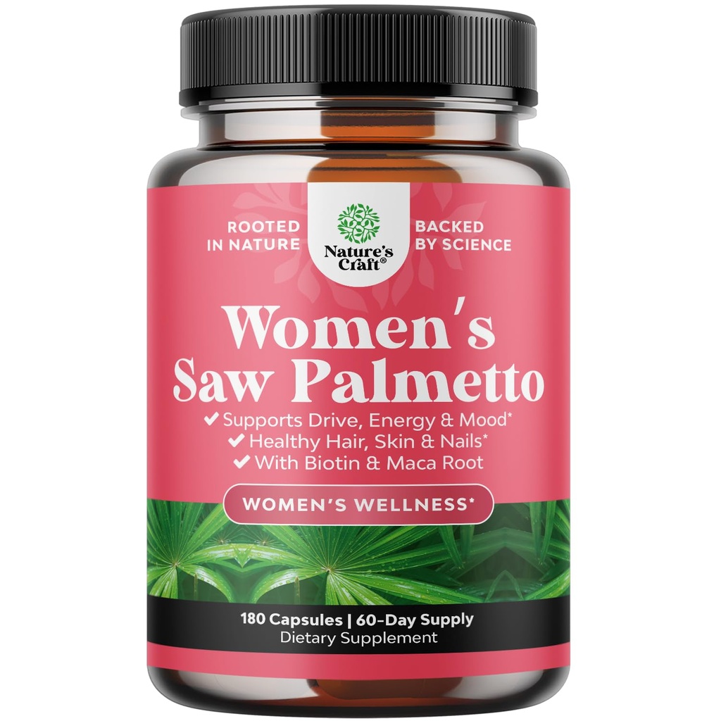 Extra Strength Saw Palmetto for Women - DHT Blocker Restoring Hair Vitamins for Hair Health - 500mg Pure Saw Palmetto Capsules with Maca Root & Biotin for Stronger Healthier Looking Hair 180 Count