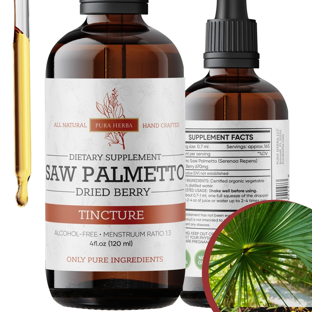 Pura Herba Saw Palmetto Tincture | Premium Alcohol-Free Herbal Extract from Saw Palmetto Berries | Liquid Botanical Supplement | Traditional Herbal Formula | Made in USA - 4 oz (120 ml)
