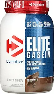 Dymatisere Elite Casein Protein Powder, Slow Absorbing med Muscle Building Aminosyrer, 100% Micellar Casein, 25g Protein, 5,4g BCAAs & 2,3g Leucin, Hjælper Overnight Recovery, Rich Chocolate, 2 Pund