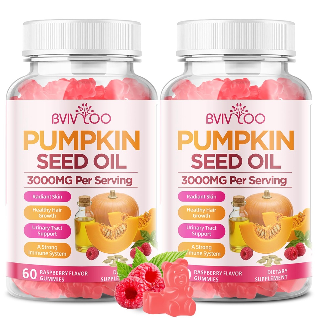 Pumpkin Seed Oil Gummies with Saw Palmetto, Organic Pumpkin Seed Oil Supplement, High-Purity Extract for Hair Growth, Skin Health, & Immune Support, Raspberry Flavor, 120 Count