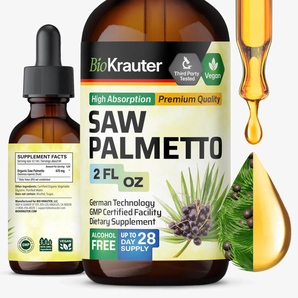 BIO KRAUTER® Saw Palmetto for Men & Women - Pure Vegan Liquid Drops Saw Palmetto 670 mg per Serving 2 Fl.Oz 28-Day Supply - Used for Hair & Skin Wellness and Daily Wellness - Alcohol & Sugar Free
