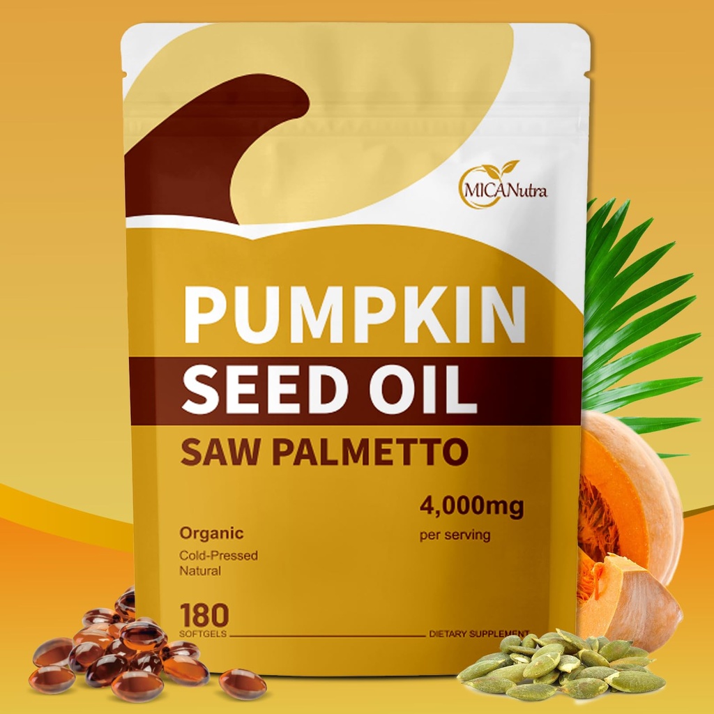 Pumpkin Seed Oil with Saw Palmetto Capsules, 4000 mg, 180 Softgels/Bag, Organic, Cold Pressed, DHT Blocker, Supports the Health of Hair, Urinary Tract, Bladder and Prostate, GMO Free