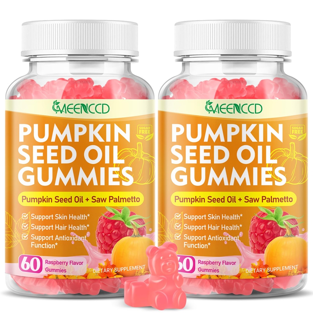 MEENCCD 2 Pack Pumpkin Seed Oil Gummies with Saw Palmetto, Pumpkin Seed Oil for Hair and Skin Health, Pumpkin Seed Extract for Women Men, Sugar-Free, Raspberry Flavor, 120 Count