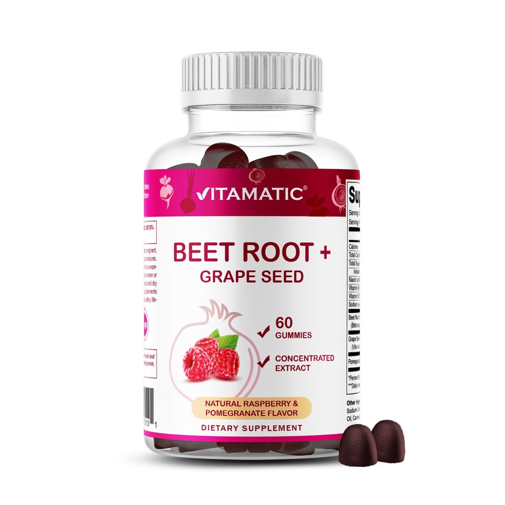 Vitamatic Beet Root Gummies - 3000mg Ækvivalent Per Servering - 60 Gummies - Lavet med vitamin B6, B12, Grape Seed, Pomegranat & Nicotinamid