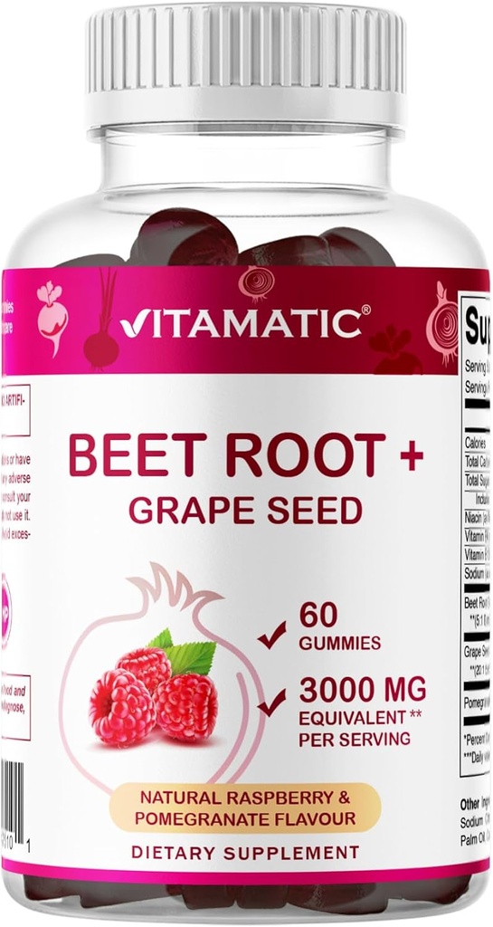Vitamatic Beet Root Gummies - 3000mg Ækvivalent Per Servering - 60 Gummies - Lavet med vitamin B6, B12, Grape Seed, Pomegranat & Nicotinamid