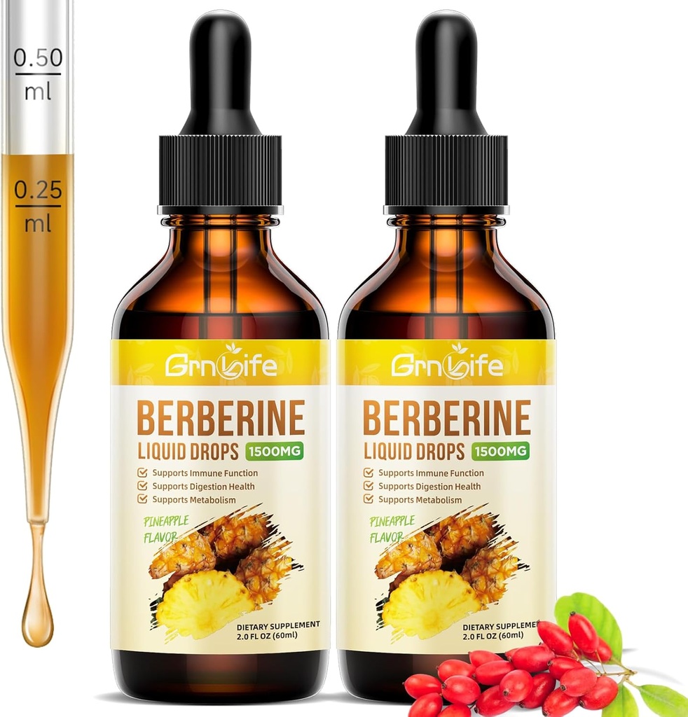(2 Pack) Berberine Supplement, 1500mg Organic Berberine Liquid Drops with Ceylon Cinnamon, Bitter Melon - Understøtter immunforsvar og stofskifte, Vegan, Ananas Flavor-2 FL Oz