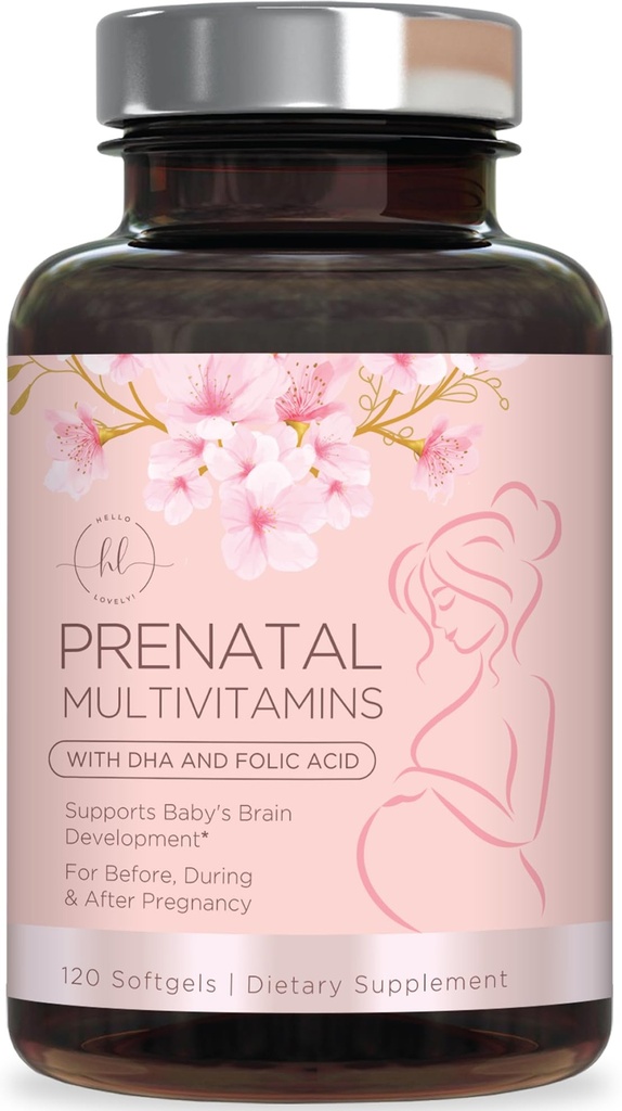 Prenatal Vitaminer til kvinder med folinsyre & DHA, Føtal Brain Development Support med Folate & Omega 3 s, Multivitamin med vitamin A, C, D, B6, B12 & Jern, Graviditet Supplement - 120 Softgels