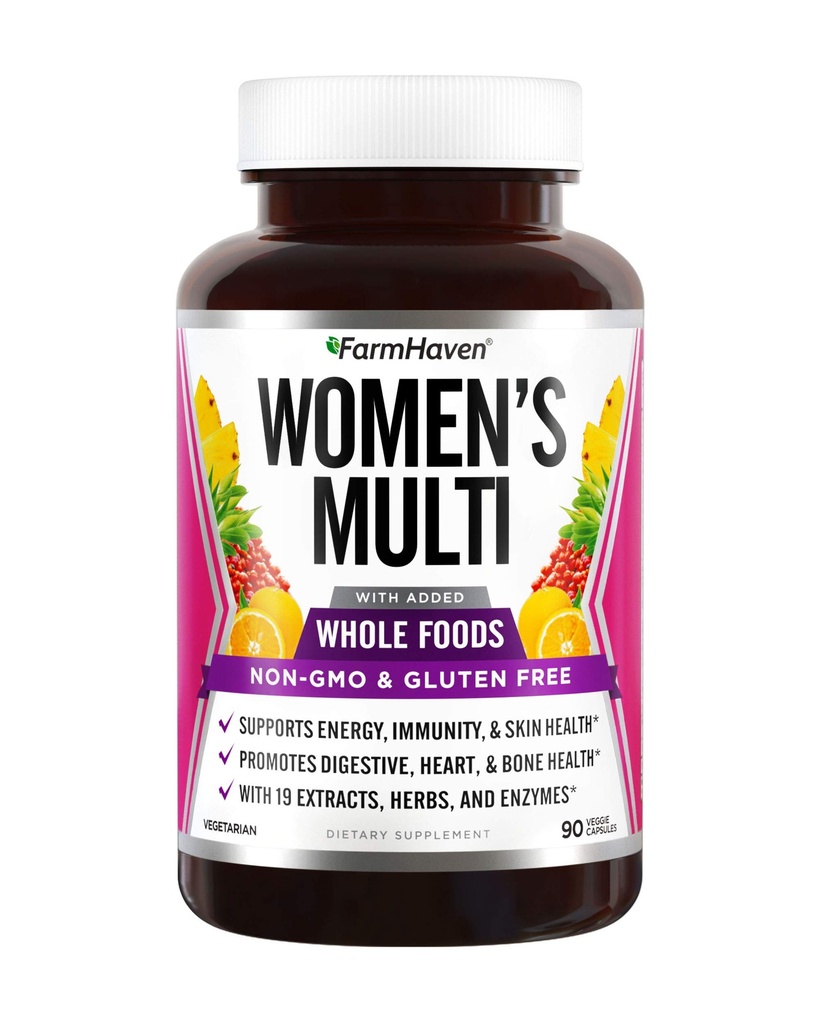 FarmHaven Multivitamin til kvinder: 124; 22 essentielle næringsstoffer, Frugt & Veggies Kvinder: Multivitamin: 124; Hele fødevarer: Multivitamin øger energi, immunforsvar, hjerte sundhed: 124; Kvinder: Daglige vitaminer - 90 kapsler
