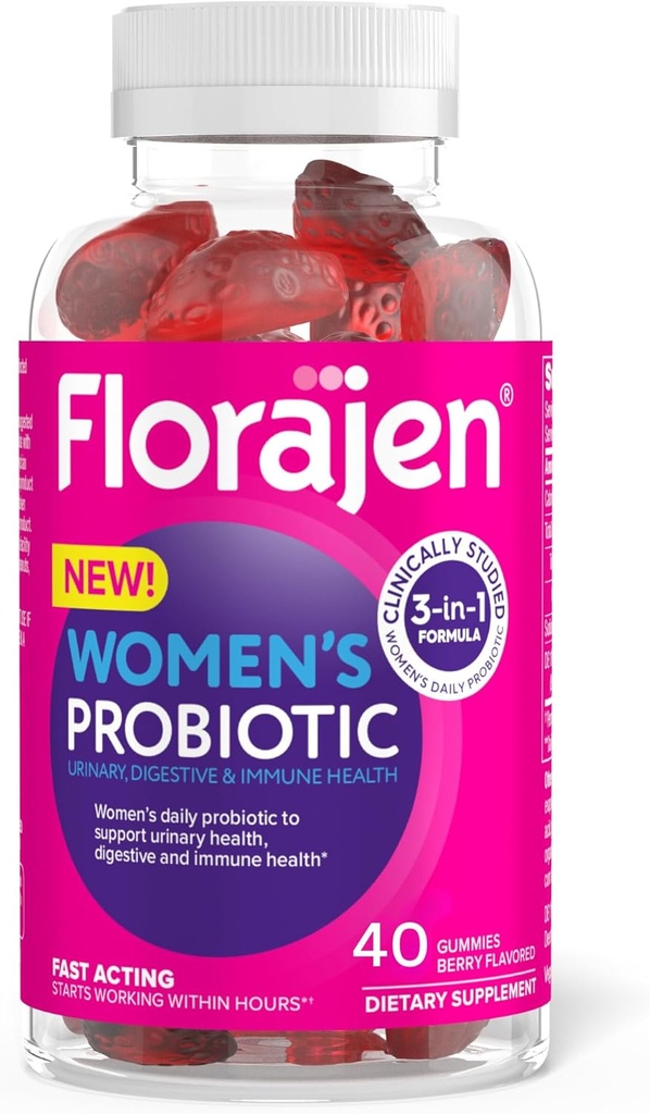Florajen Kvinder Probiotiske Gummies - Triple- Action Prebiotic + Probiotic + Cranberry til fordøjelse, urinveje, & immunforsvar - Fast- Action- Vegan & Gluten- Free - 40 - Greve