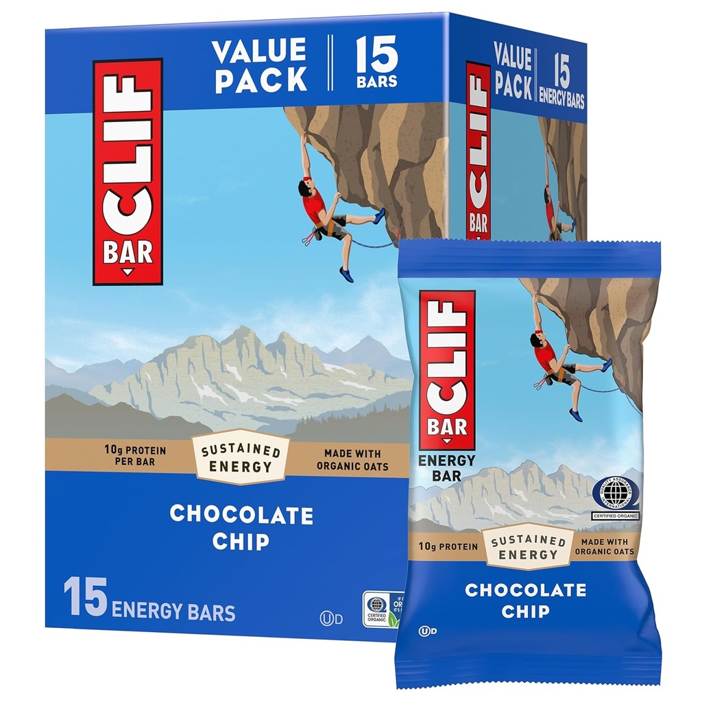 CLIF BAR - Energy Protein Bars - Chokolade Chip - Lavet med Økologisk Havre - Energy Bars - Ikke-GMO - (15 Pack)