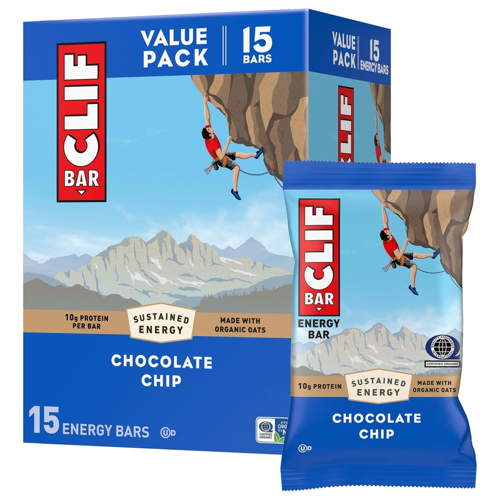 CLIF BAR - Energy Protein Bars - Chokolade Chip - Lavet med Økologisk Havre - Energy Bars - Ikke-GMO - (15 Pack)