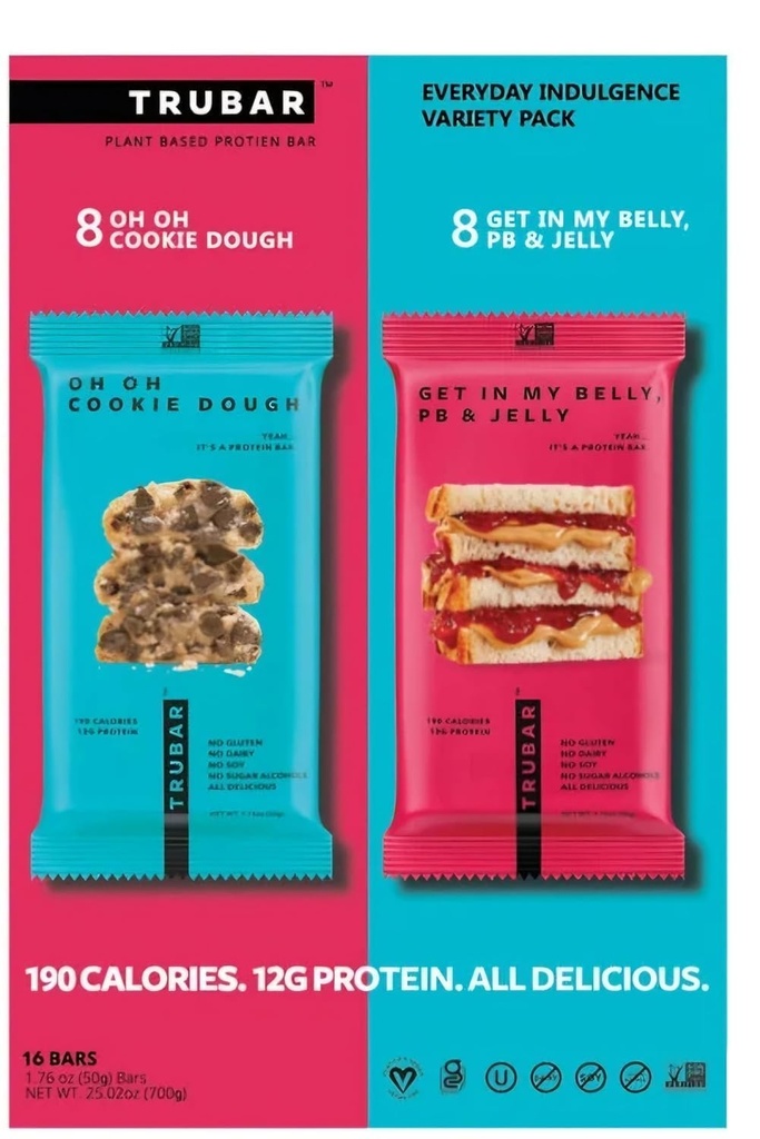 PRO4ALL TruBar Protein ~ Oh Oh Cookie Dough ~ Get In My Belly, PB & Jelly ~ 1.76 Ounce Bars ~ 16 total Bars