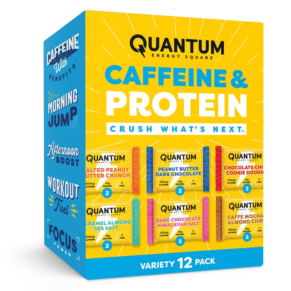 Quantum Energy Square: Energy Bar with Caffeine & 10g Protein. Delicious Healthy Snack On The Go. (Vegan, Gluten-free, Soy-free, Dairy-free) (Variety 12-Pack)
