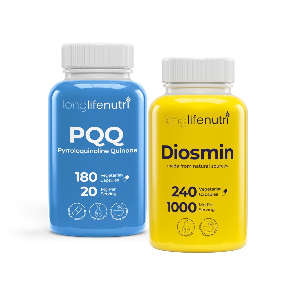 LongLifeNutri PQQ 20 mg + Diosmin 1000 mg Bundle - 180 + 240 Capsules, 6-4 Month Supply, Mental Performance & Circulatory Health Support, Made in USA