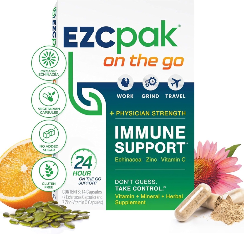 EZC Pak På Go Immunsystemet Booster med Echinacea, C-vitamin, Zink, Immun Support, Immunitetsvitaminer til voksne, Rejsevenlig emballage, Vegetar, Gluten- Free