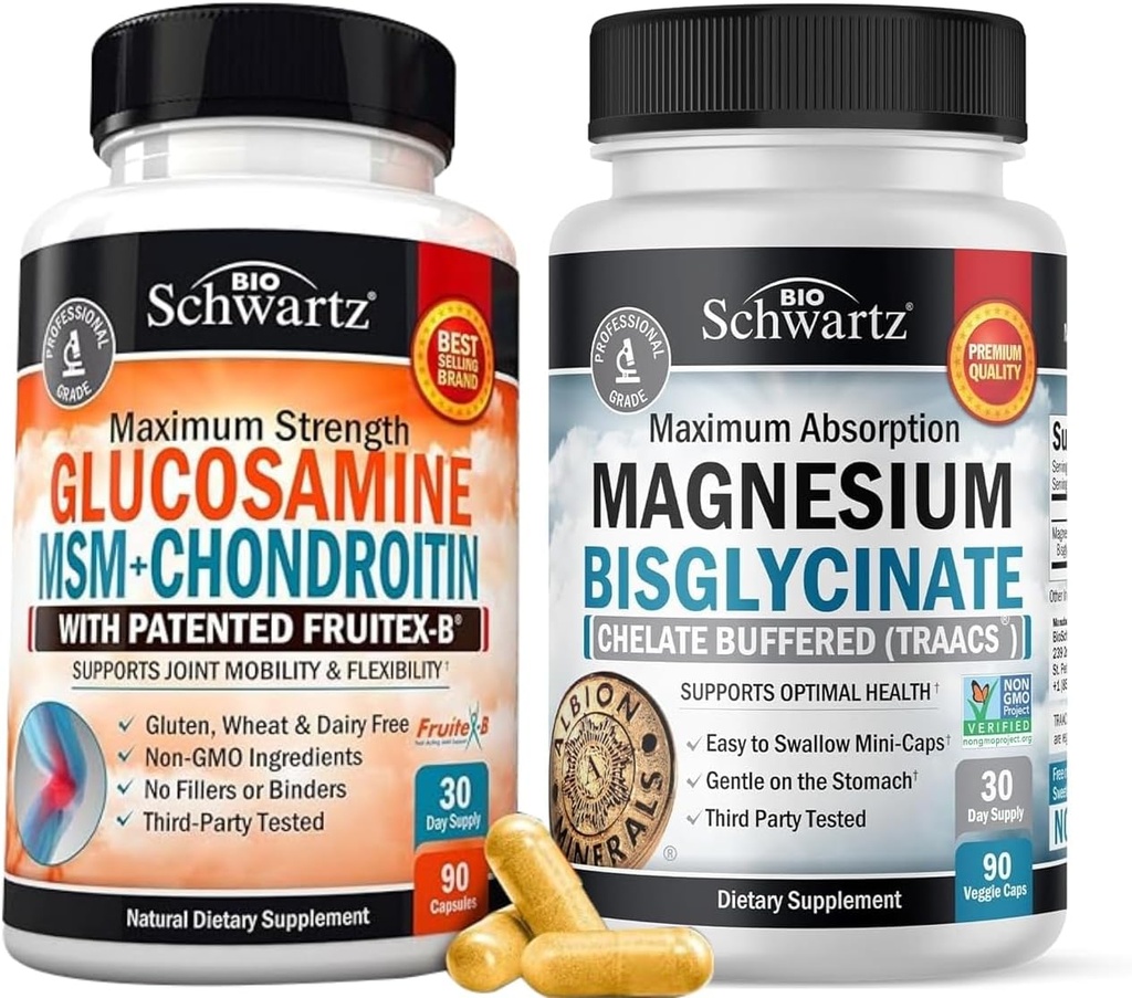 Høj absorption Magnesium Bisglycinat kapsler (1 måned Tilgang) Plus Glucosamin Chondroitin MSM Triple Strength Fælles Support Supplement (1 måned Tilgang)