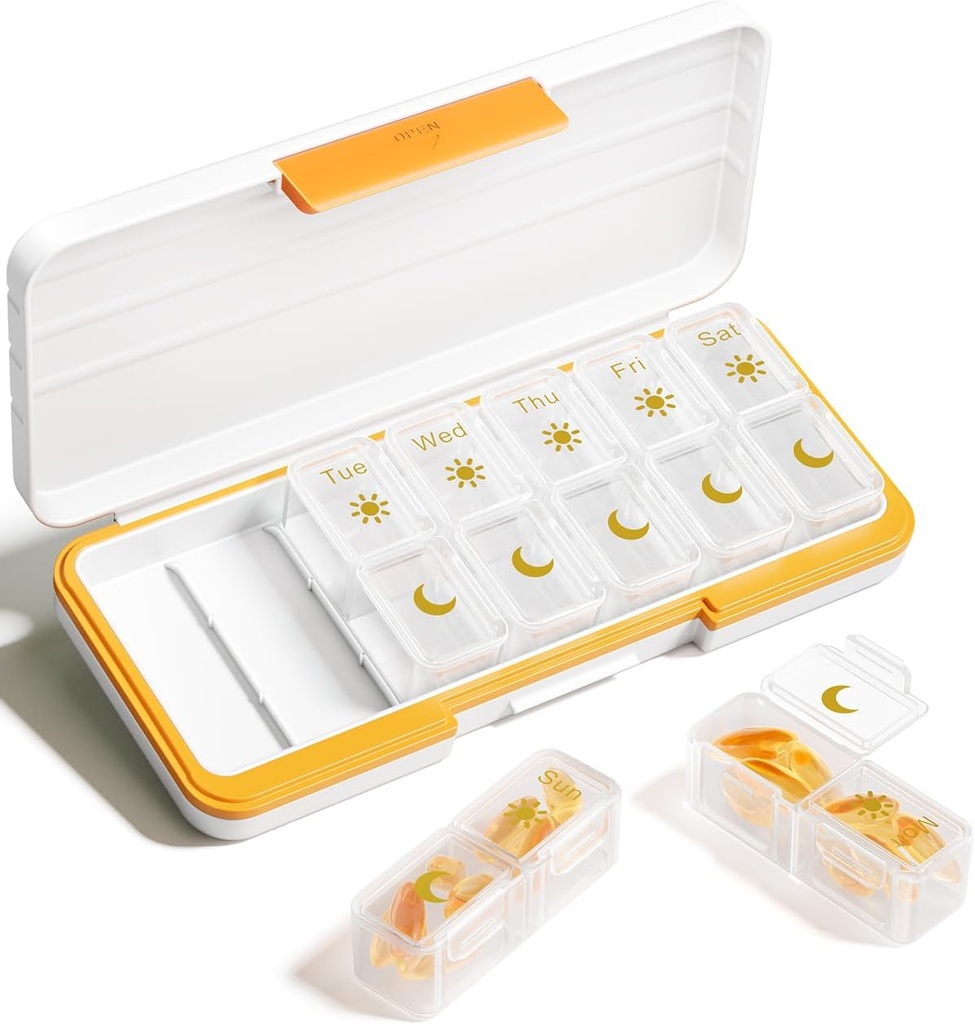 AM PM Pill Organizer 2 gange en dag, 7 dag Pill Box Ugentlig Pill Organizer Rejser med separat Container, Portable Daily Medicine Planner Dispenser sag for Vitamin, Fiskeolier, Kosttilskud Beige