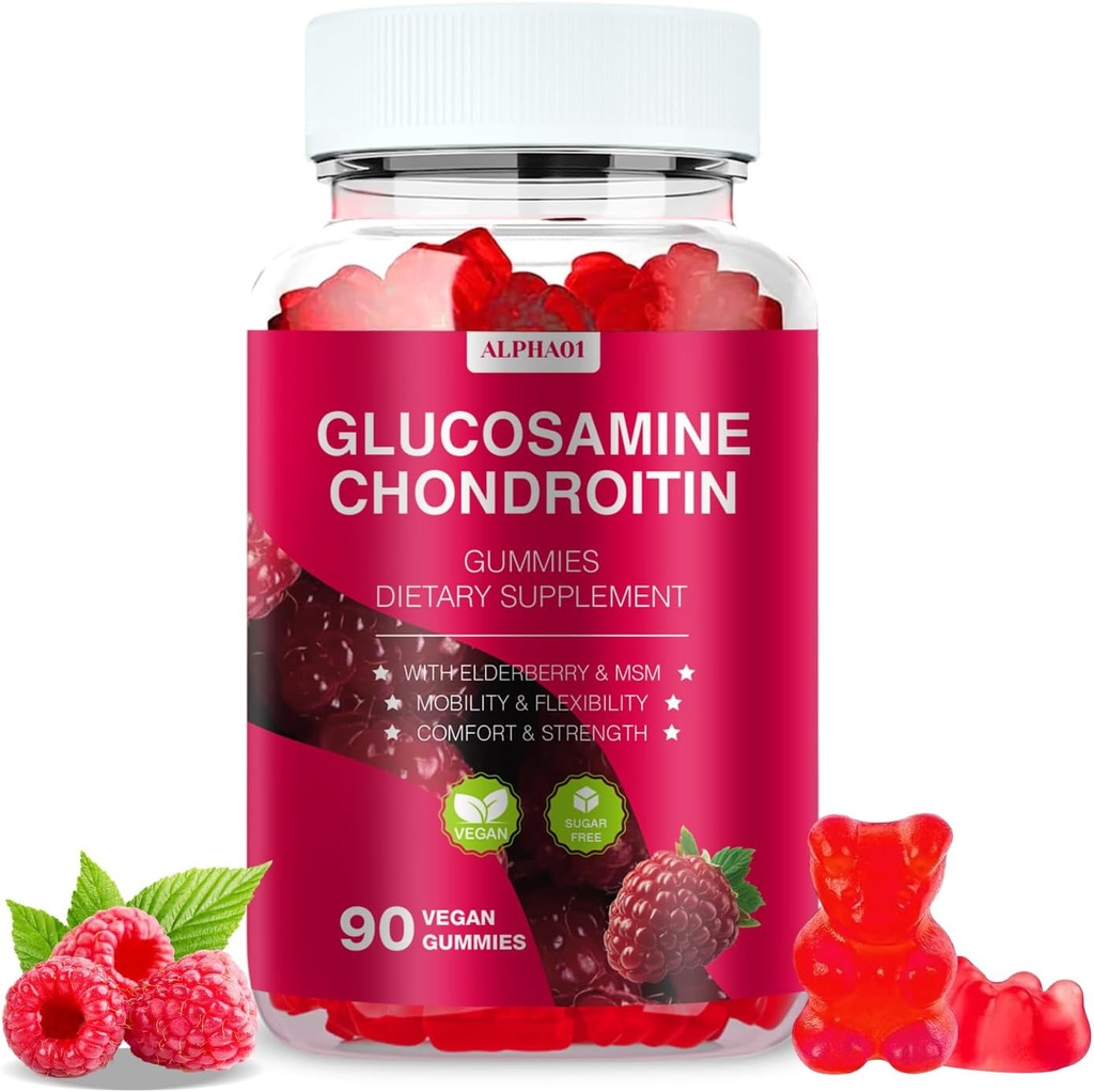 Glucosamin Chondroitin Gummies - 3000MG Extra Strength Joint Support Supplement med MSM & Elderberry, Fleksibilitet, Antioxidant Immunstøtte Gummy til voksne, Mænd & Kvinder - 90 Hindbær Gummies