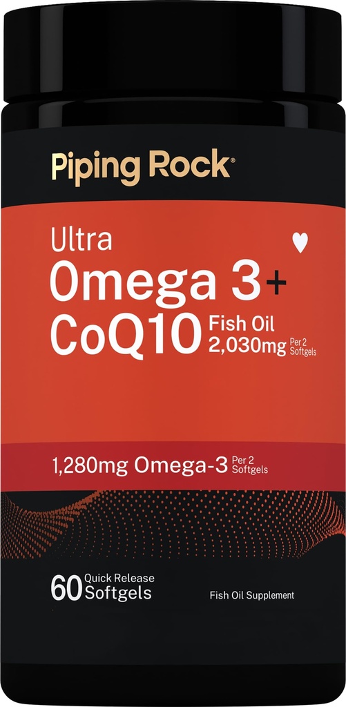 Piping Rock Ultra Omega 3 + CoQ10 | 60 Softgels | 2030mg Fish Oil | 1280mg Omega-3 | Non-GMO, Gluten Free