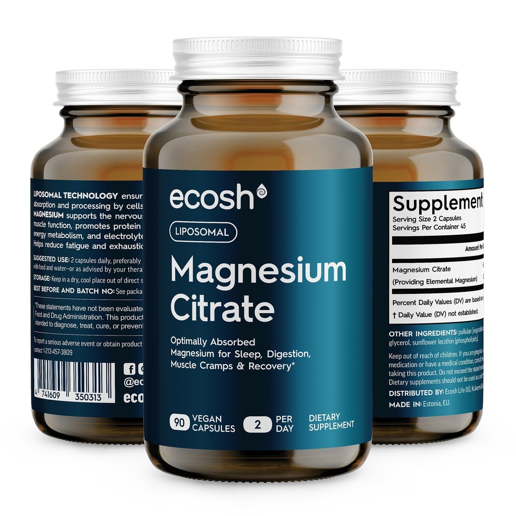 Liposomal Magnesium Citrate Capsules - High Absorption Magnesium Supplement for Obstipation, Sleep, Muscle Cramps & Recovery