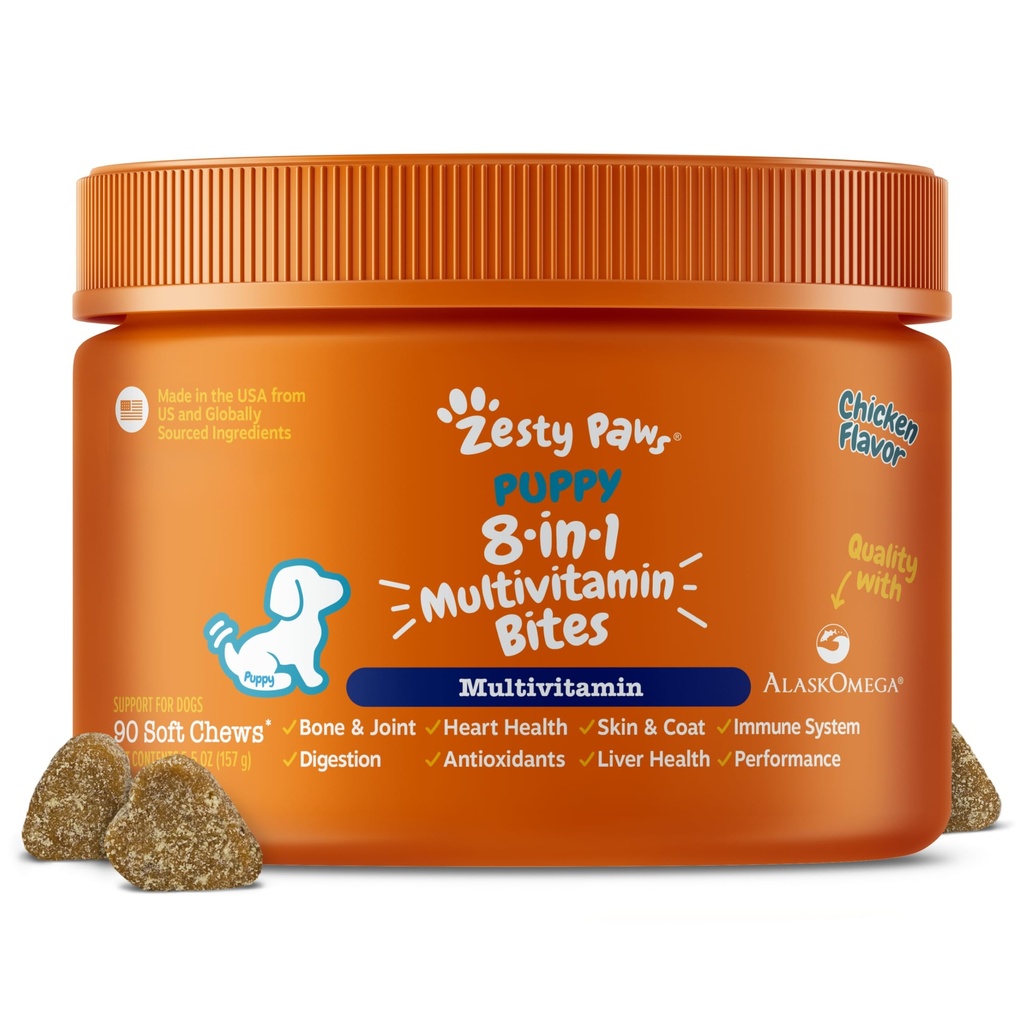 Zesess Paws Hund Multivitamin, Chewable Hund Vitaminer og Kosttilskud til Hip & Joints, Hud & Coat, Omega 3 Fish Oil til hunde - Puppy Multivitamin - kylling Puppy Bites- 90ct