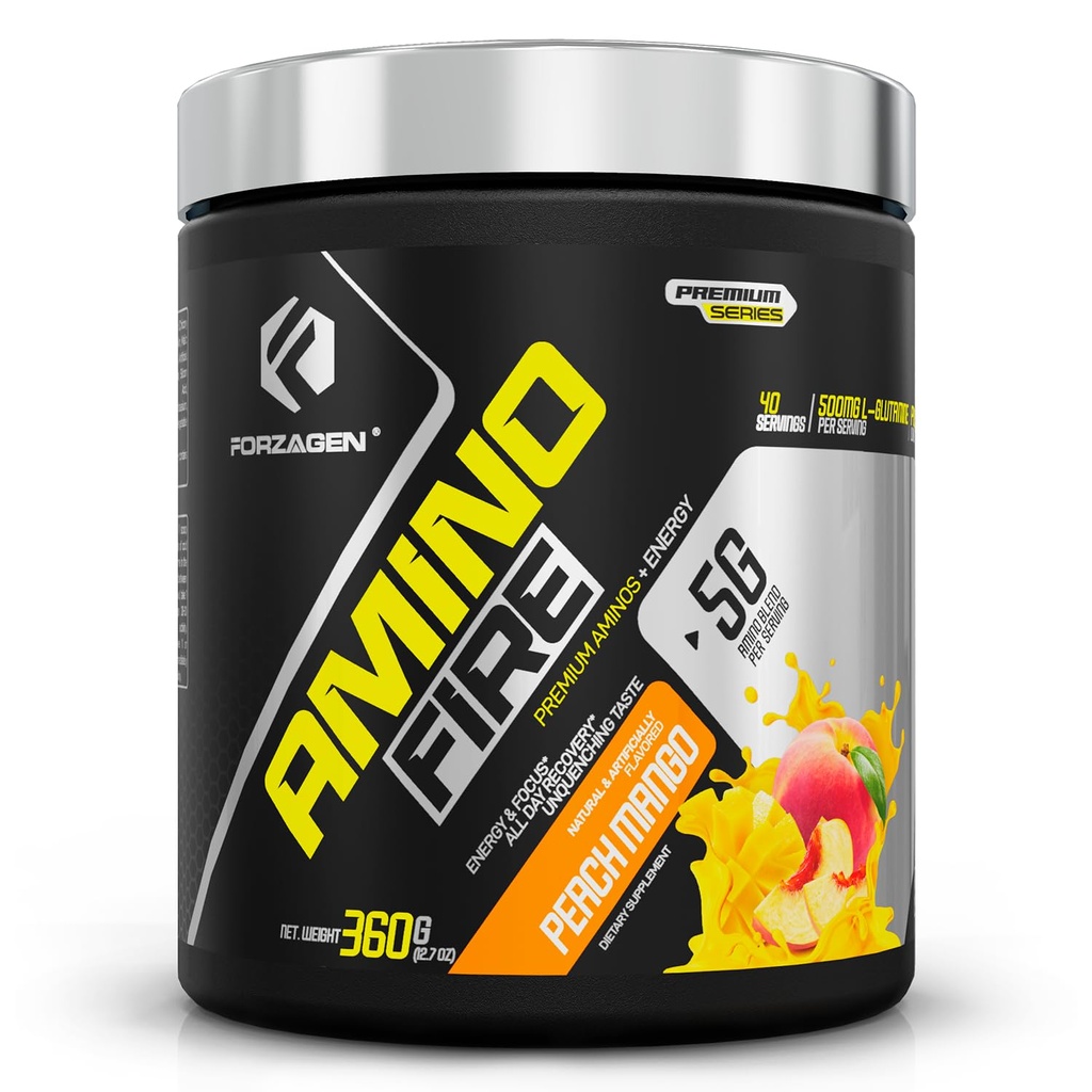 Forzagen Amino Brand 124; Essential Amino Energy Powder til Pre-Workout Budd124; BCAA Energy Boost & Muscle Recovery Drink Mix, Enhance Focus & Concentration, Kosttilskud; 124; Peach Mango, 40 Servere